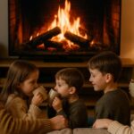 Familienmoment im Herbst vor dem Kamin